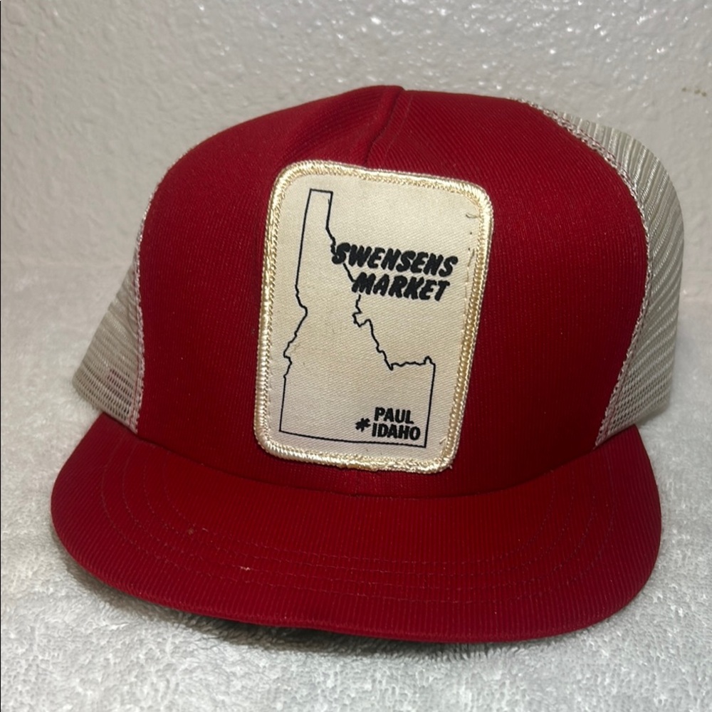 Red and Tan Vintage Trucker Hat with Swensens' Market Patch